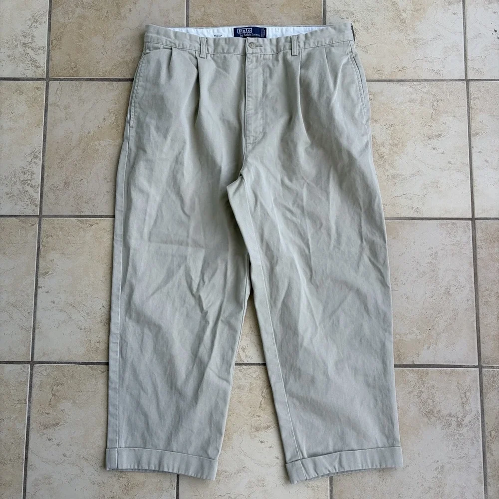 Polo Ralph Lauren Pants Mens 36x30 (Fits 36x25) Khaki Hammond Pleated Cuffed 90s